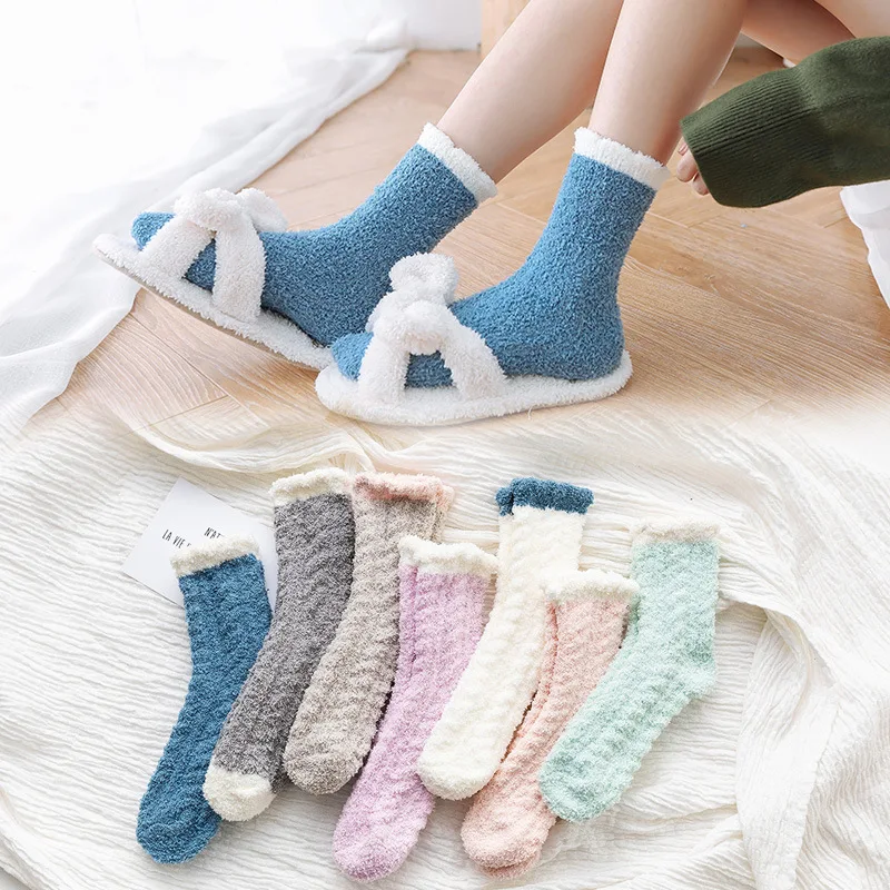 Wholesale Cozy Coral Fleece Fluffy Sleeping Socks Women Winter Folded Cuff Thick Warm Plush Fuzzy Socks