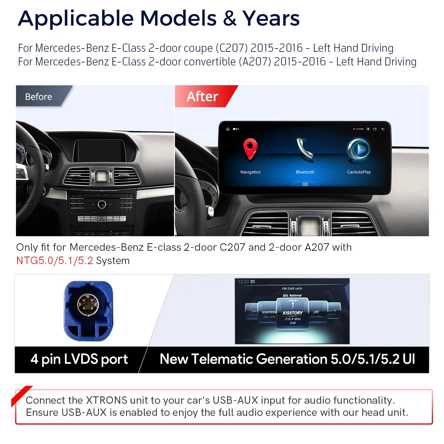 XTRONS 12.3 Inch Android 13 64GB Car Audio For Mercedes Benz E A207 C207 Android Car Radio 4G LTE Carplay Android Auto Radio