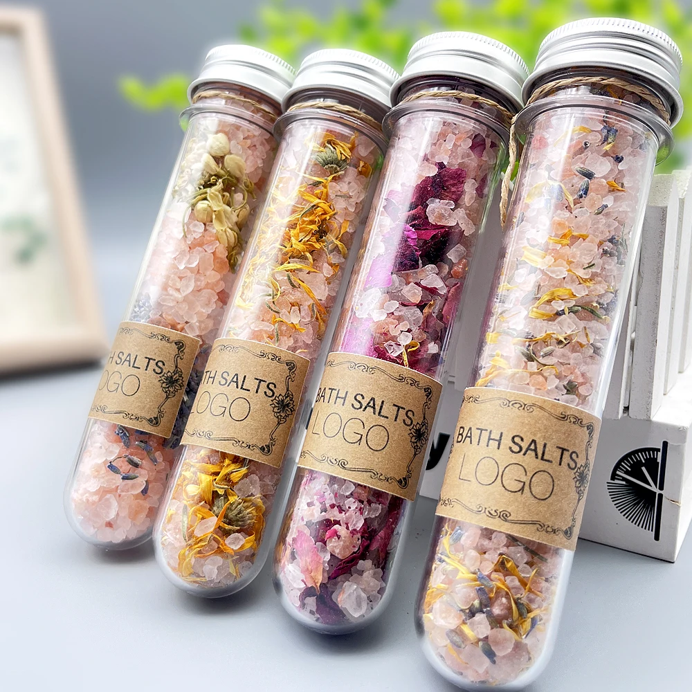Handcrafted PET/Glass Test Tube Set Natural Himalayan Pink Epsom Bath Salts Rose Scent Body Relaxation Option Mineral Ingredient