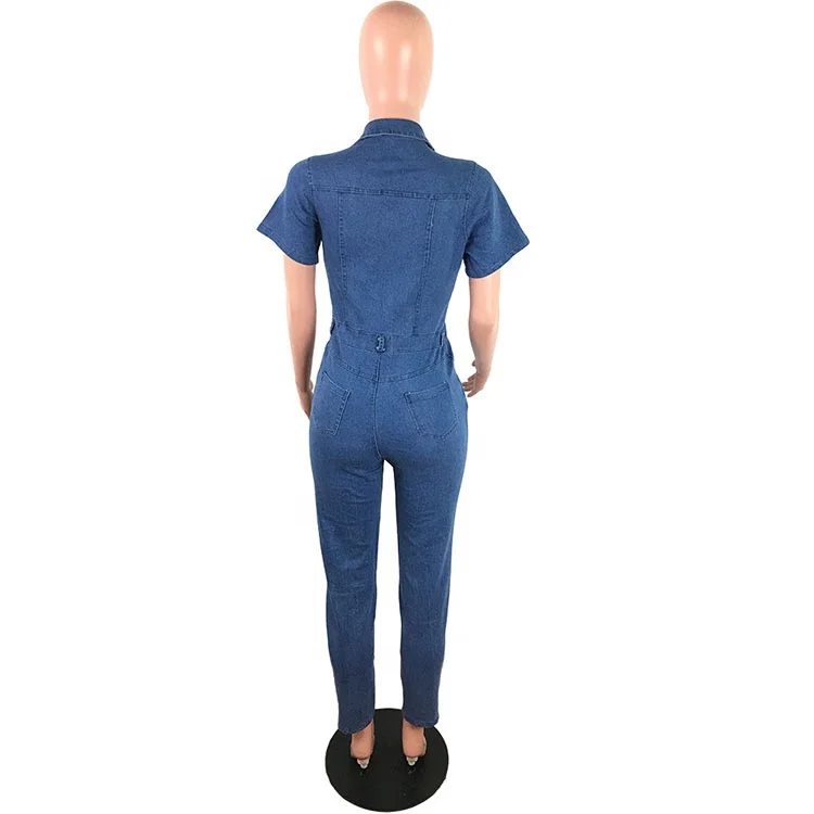 D2323 Amazon Product High Quality Popular Summer Casual Solid Color Short Sleeve Long Jeans Buttons Women Denim Jumpsuit