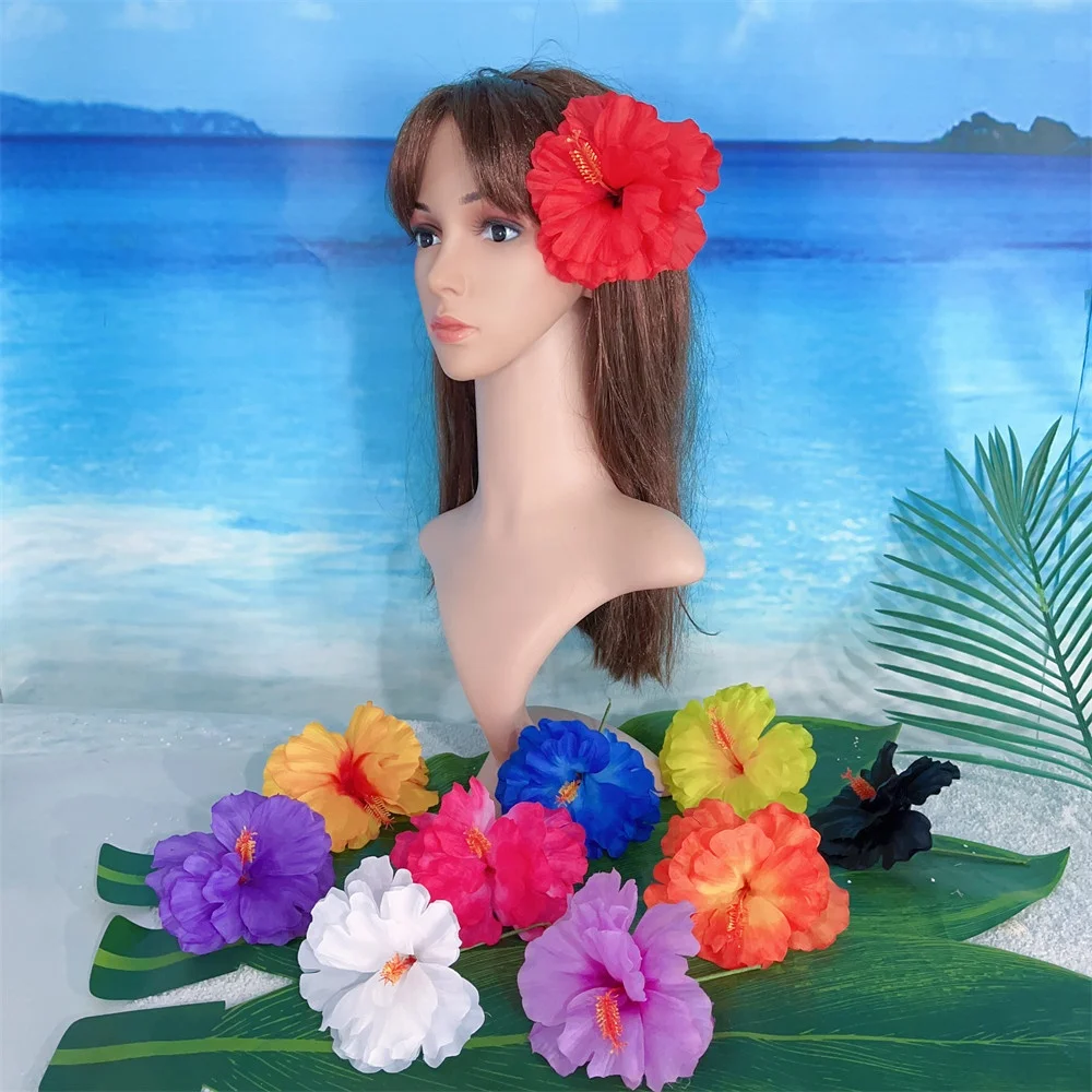 14cm Three-layer Silk Hibiscus Hair Pins with Stem Hawaiian Samoan Hair Stick for Women Ear Pick Party Hair Accessories KN-PF053