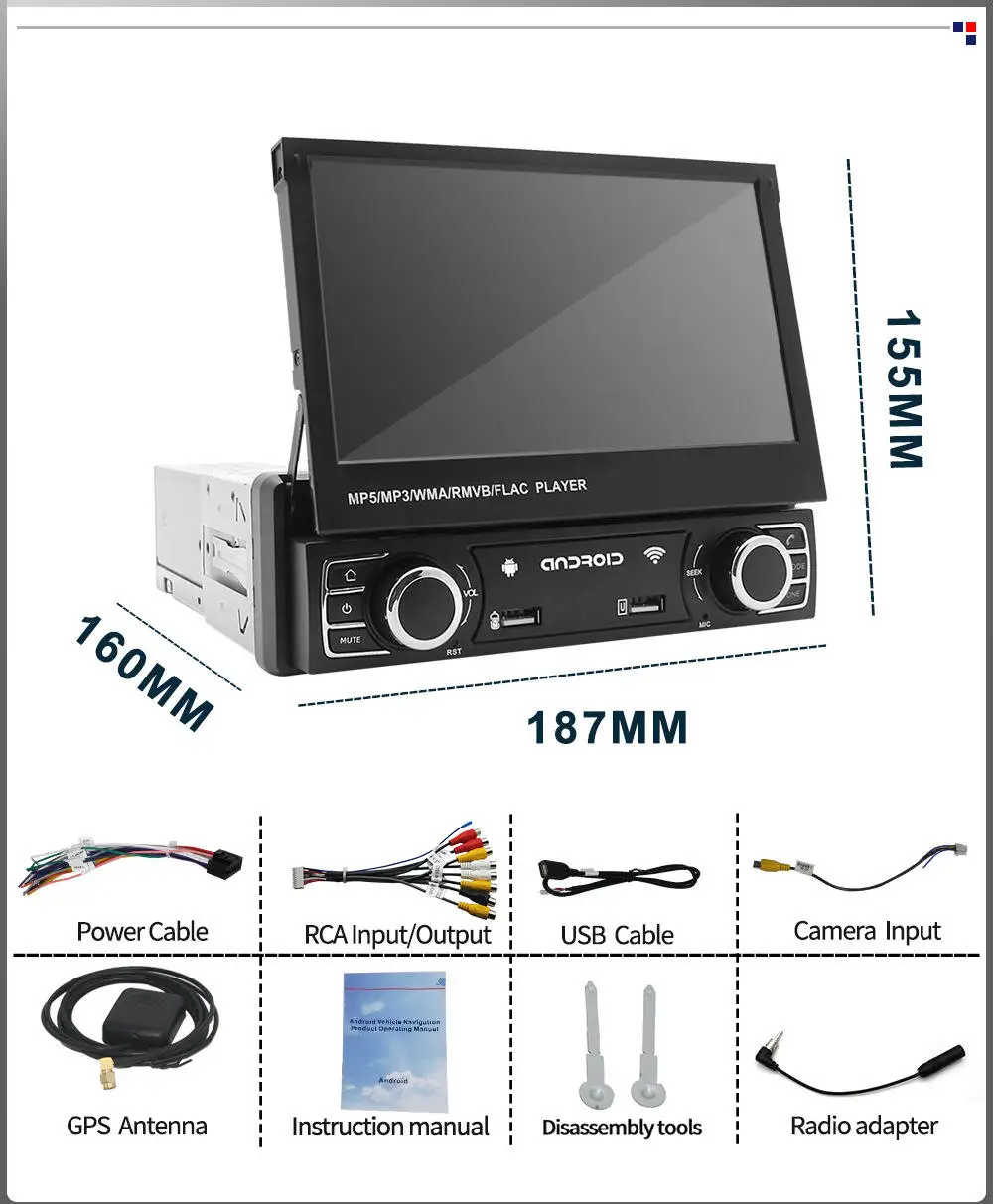 Universal 1din Car Android Radio Retractable Screen 7 Inch Car Dvd Player GPS Amplifier DSP-Car MP5 Stereo Bt/Wifi/Carplay