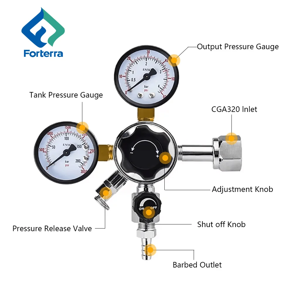 High Quality Brass Material Dual Gauges CO2 Keg Regulator Beer Regulators with Pressure Adjustment Knob