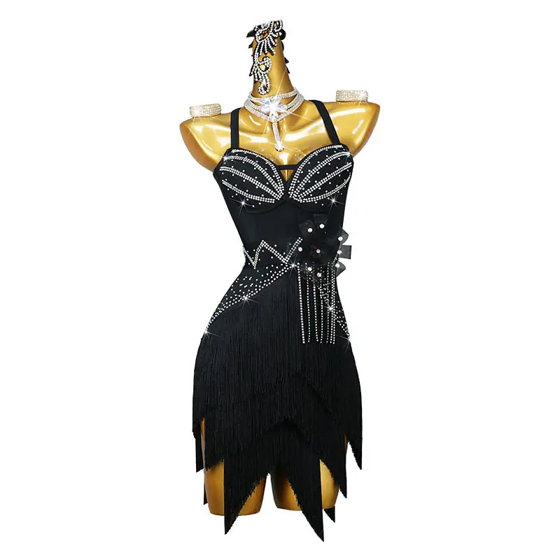 New Sleeveless Stage Latin Dance Skirt Performance Dress Dance Costume Rhinestone Woman Latin Dress