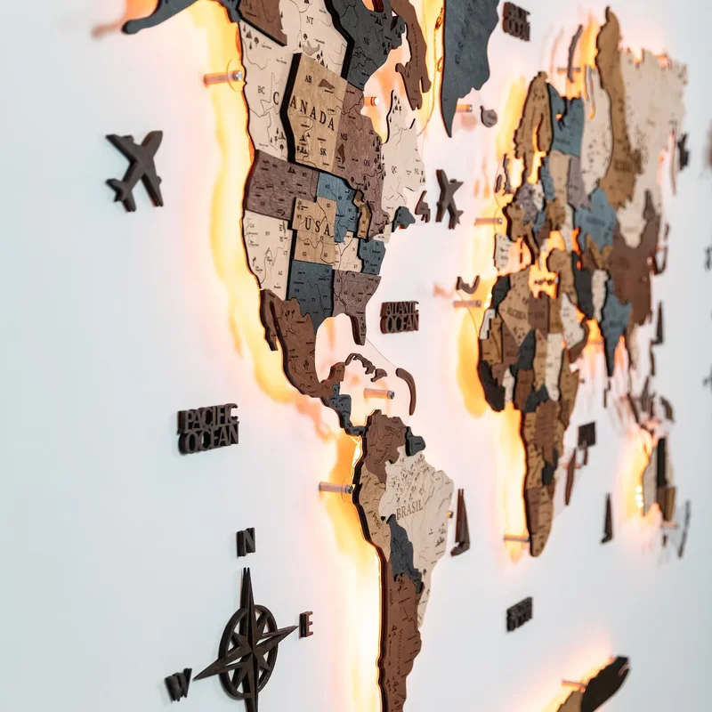 Factory Wholesale For Home map decor Wooden 3D Decoration art wall wood world map With light Backboard World Travel Map