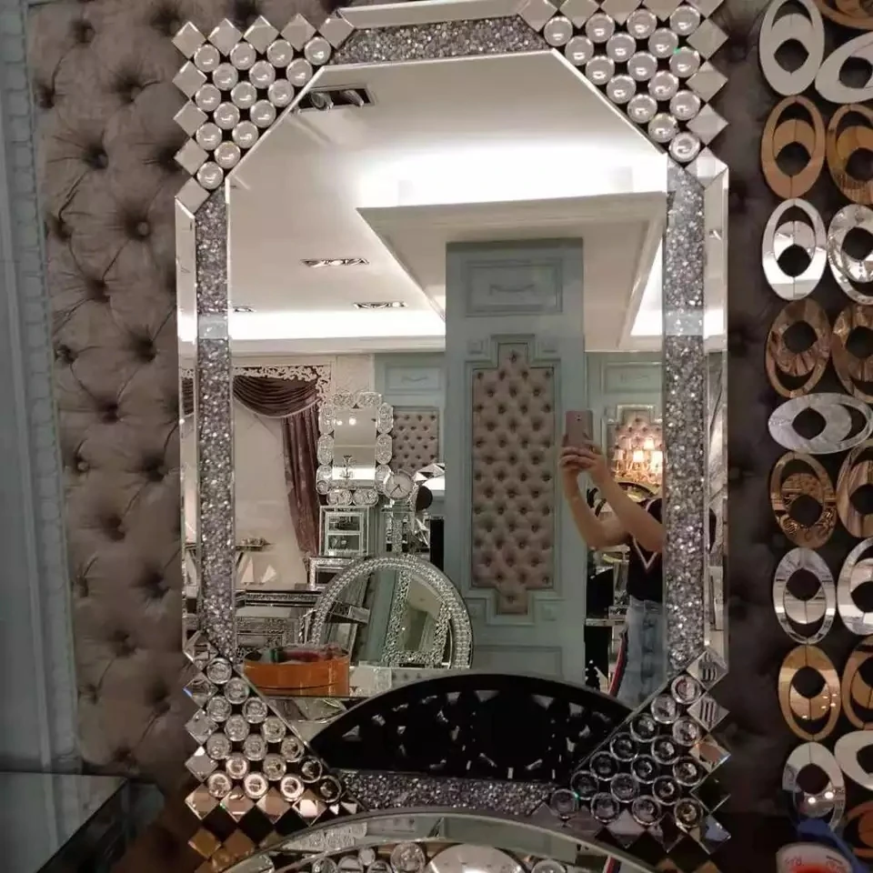 Rectangular Crushed Diamond Wall Mirror Art Mirrored Furniture Home Decor Faux Diamond Wall Decor Mirrors Espejos Spiegel Miroir