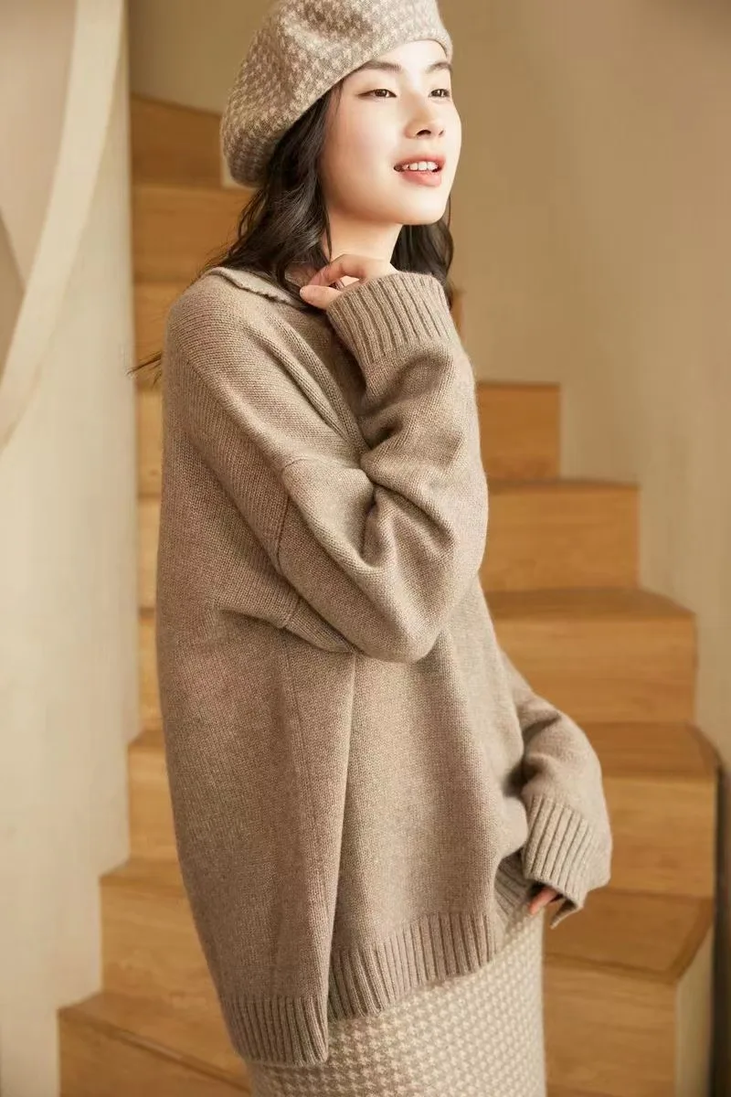 OEM 100% cashmere 5GG knitting soft casual sweater quarter turn-down collar pullover women sweater