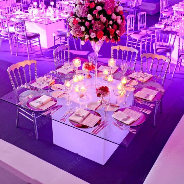 Led Illuminated Longe Expandable Glass Dining Table For Event Wedding