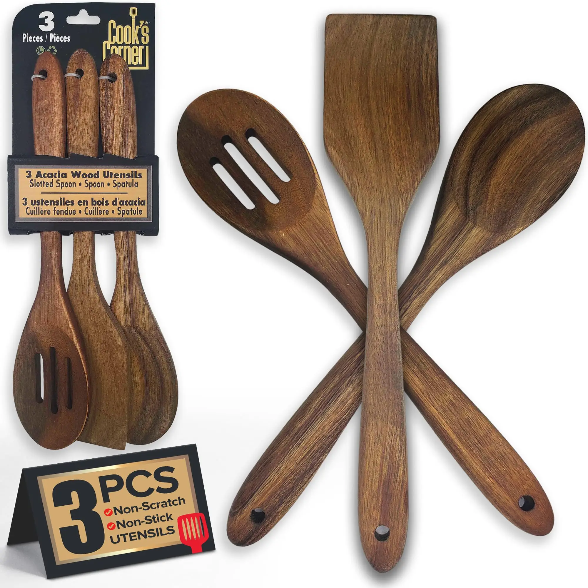 Wood 3 Pc Slotted Spoon Solid Spoon and Spatula in Sustainable Acacia Safe Non-stick Kitchen Utensils Set
