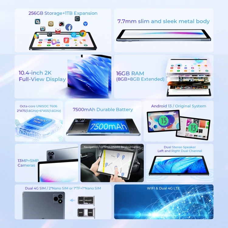 Factory price HOTWAV Pad 8 Tablet PC 10.4 inch 8GB+256GB 7500mAh Android 13 Unisoc T606 Octa Core Support Dual SIM & WiFi & BT