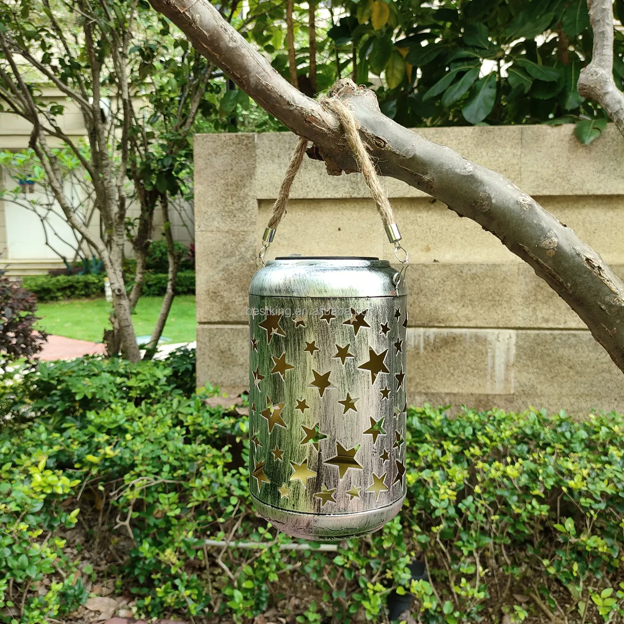 Waterproof outdoor solar powered metal five-star hollow lantern for yard garden festival decoration