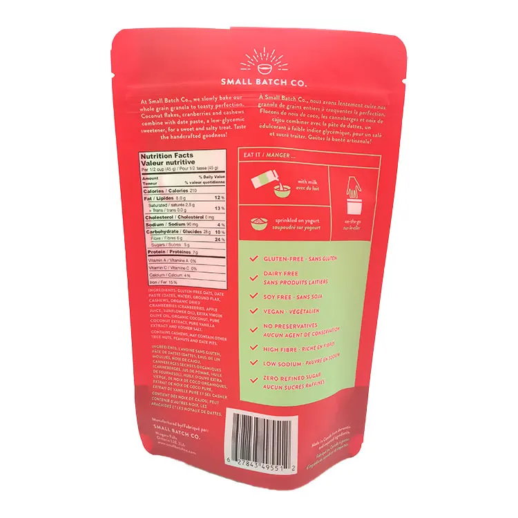 Custom mylar coconut cranberry stand up pouch resealable plastic cashew bag