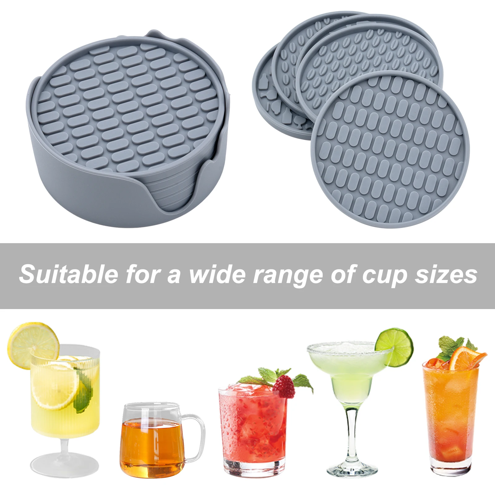 Drink Coasters with Holder Set of 6 Silicone Coasters Non-Slip Cup Mat Heat Resistant Coaster for Prevents Furniture