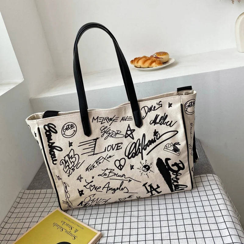 new korea fashion ladies graffiti crossbody canvas bag print pattern luxury large designer canvas tote handbag for women