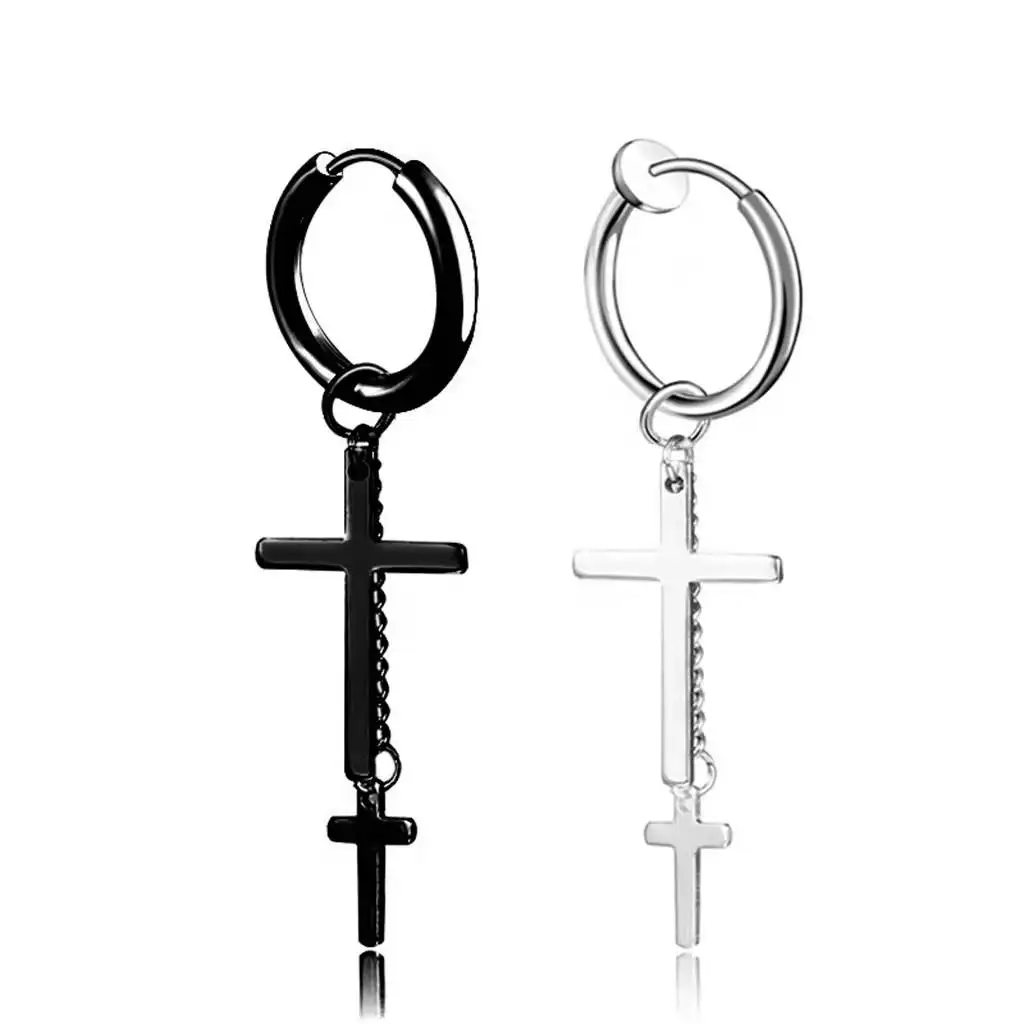 Retro Fashion Titanium Steel Earrings Long Tassel Chain Personalized Earrings Cross Hoop Earrings