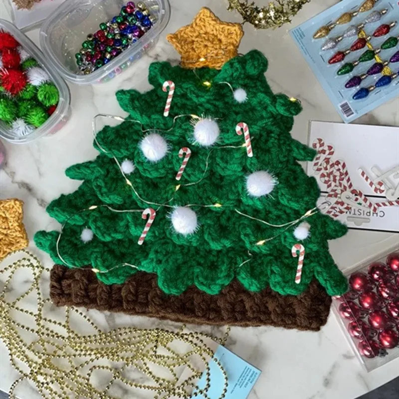 Unisex Christmas Winter Kids Knitted Crochet Beanie Bearded Caps Christmas Tree Knit Hat Warm Hat Green with Stars for Kids