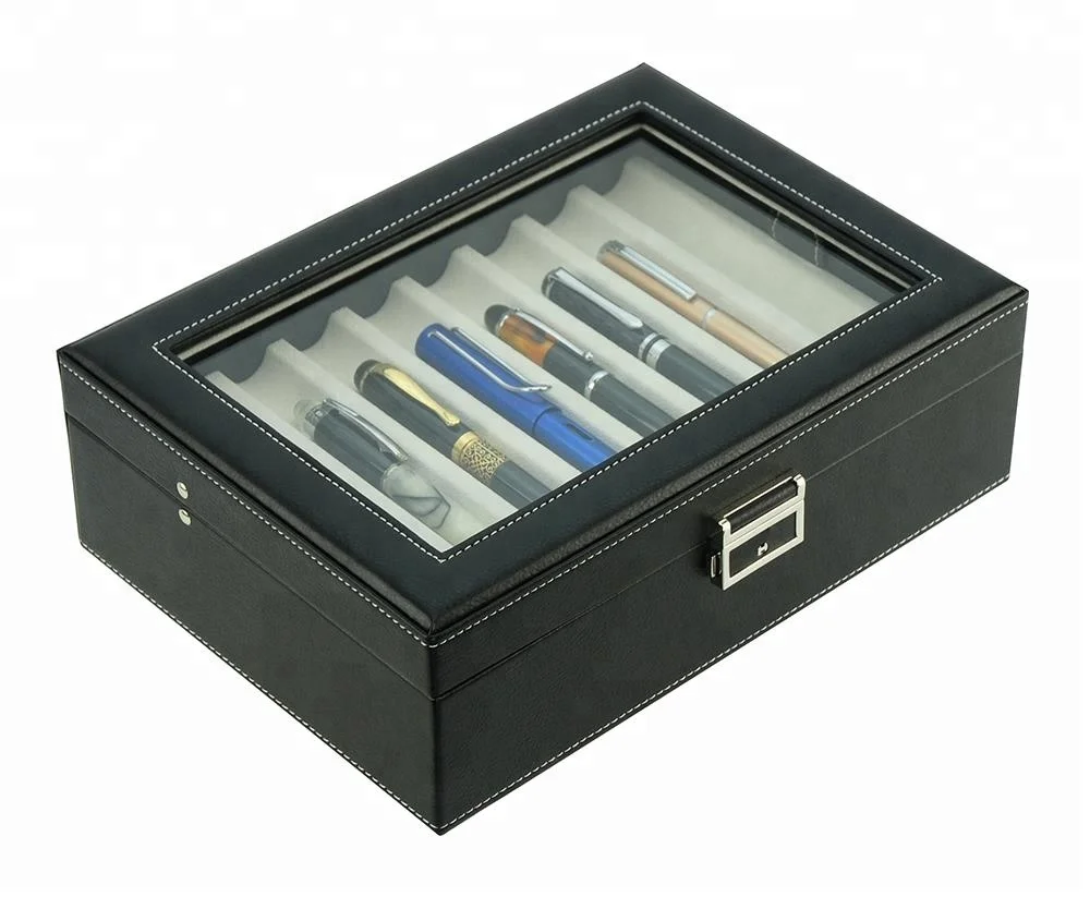 16 Slots Fountain Pen Case Black Leather Pen Display Box Storage Case with Lock