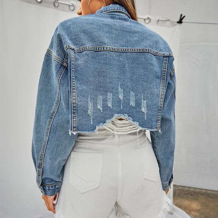 Wholesale damage denim jackets washed blue frayed cropped denim jacket long sleeve denim women jacket