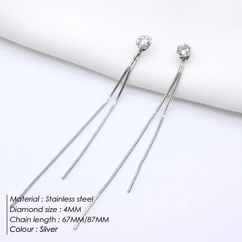 Korean Design Fashion Dangle Drop Long Earrings Crystal Diamond Jewelry Stainless Steel Gold Earrings Accessories For women