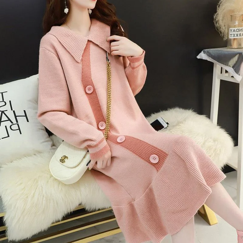 2020 Latest new arrival doll collar long sleeve loose fit pregnant women fishtail knit long sweater dress