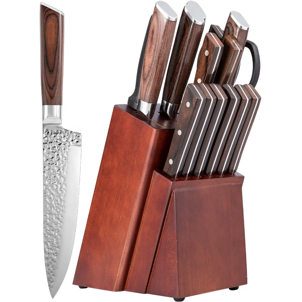 China Manufactures 16 Piece German Steel Chef Knife Hammered Pattern Kitchen Knife Set With Block