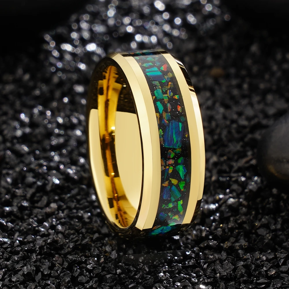 Poya Jewelry Low Price Blue Green Opal Inlay Ring Wedding Ring Gold Tungsten Ring