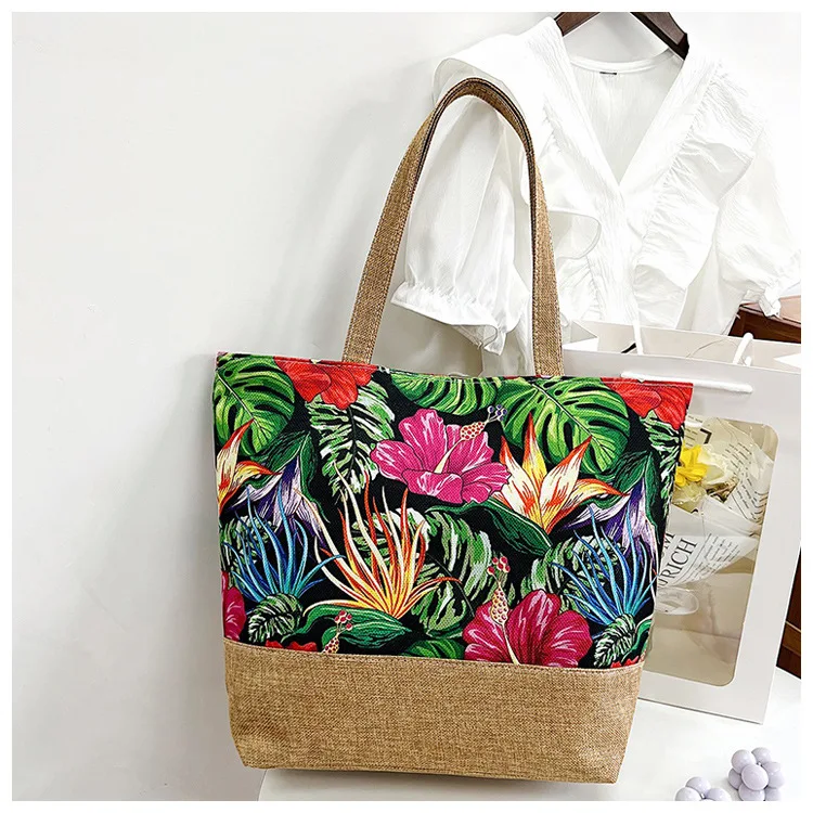 China Factory Canvas Gift Handbag Tropical Print Souvenir Tote Beach Bag