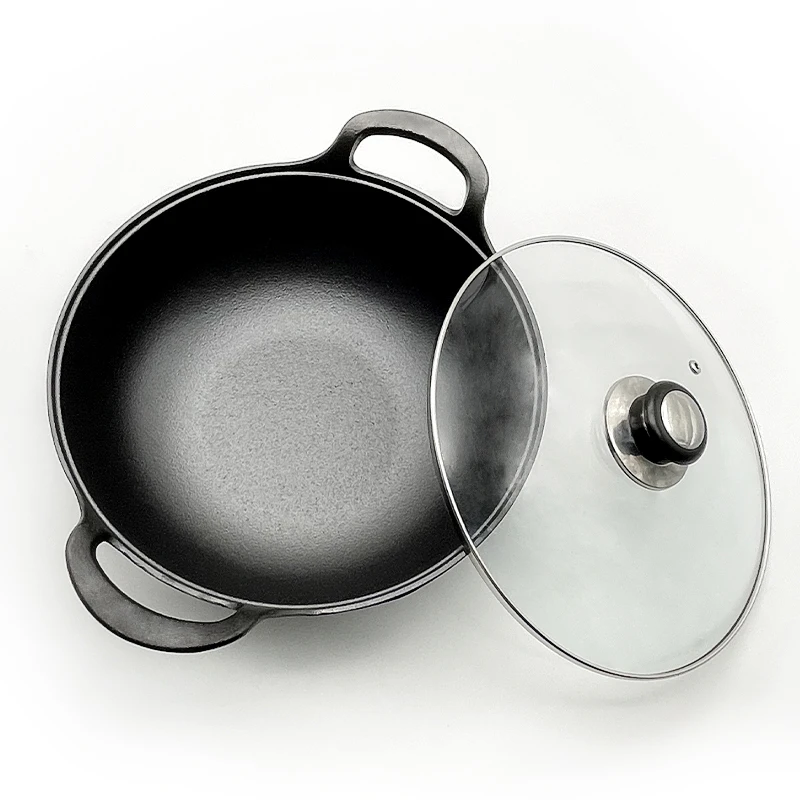 Round Black Cast Iron Deep Frying Pan Kitchenware Soup Pot Non Stick Cast Iron Mini Wok