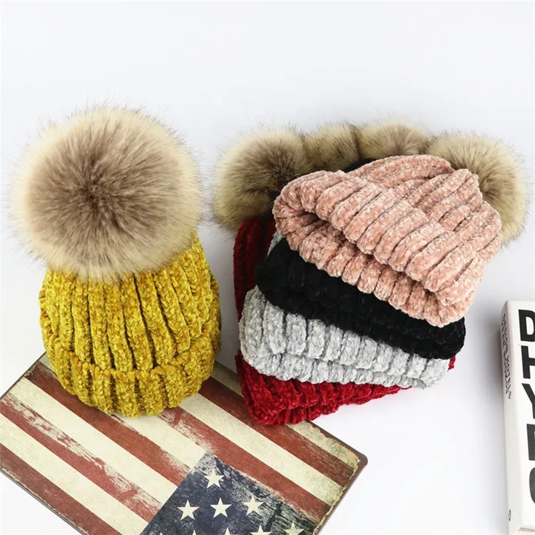 Winter Ribbed Beanie Fleece Lined Chunky Cable Knit Pompom Soft Warm Hat big fox fur pompom knit hat For Womens