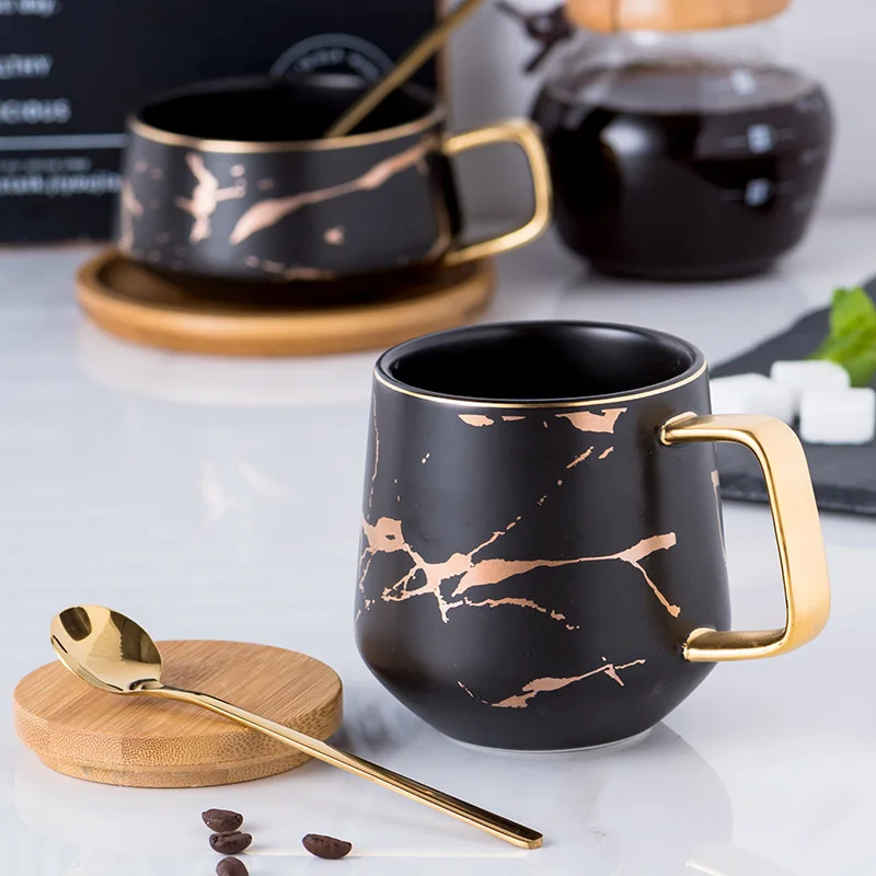 custom logo 10zo 16oz 300ml 400ml luxury high end home decoration marbling Handgrip coffee ceramic mug with spoon