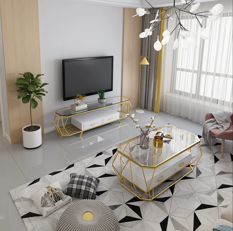 Simple modern living room coffee table TV cabinet combination small apartment square tempered glass marble coffee table