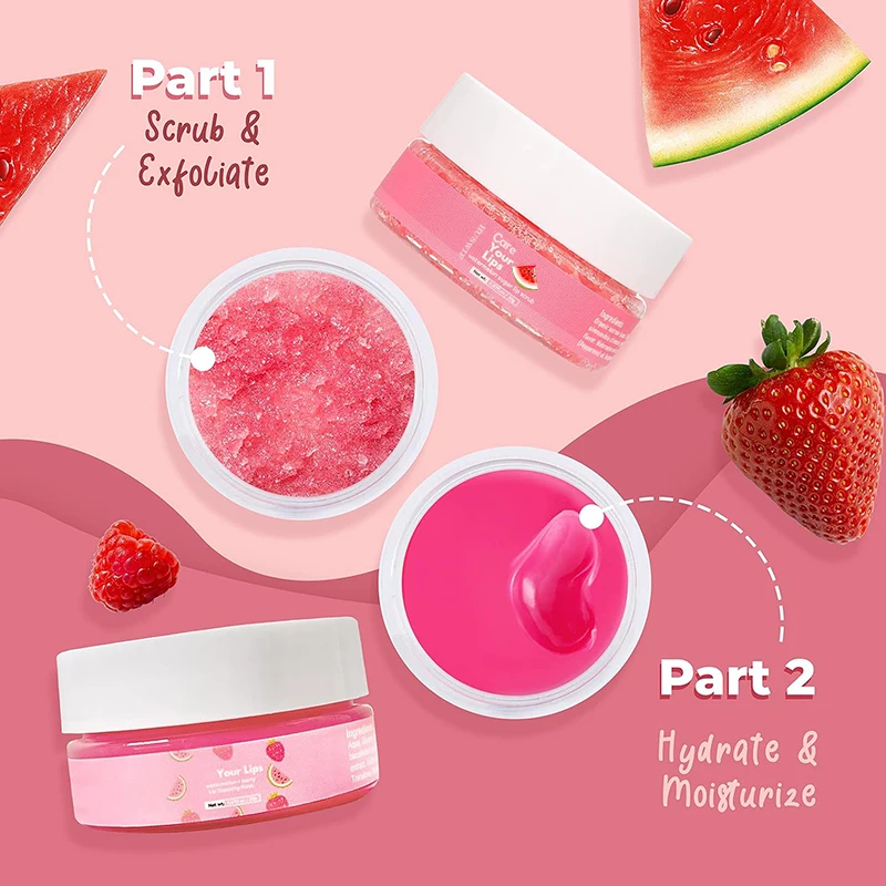 Private Label OEM Organic Watermelon Exfoliating Pink Lip Scrub Kit