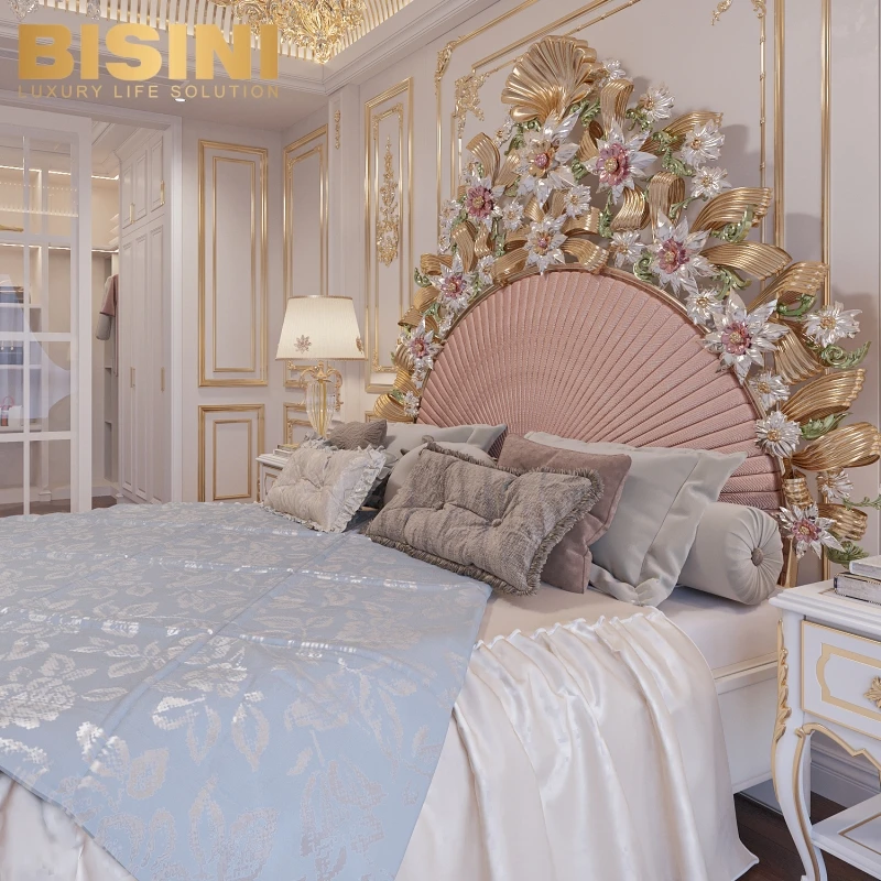 Beauteous Italy Milan Style Big House Princess Girls Bedroom Pink Bed Set Wood Carved Butterflies flowers Double Bed