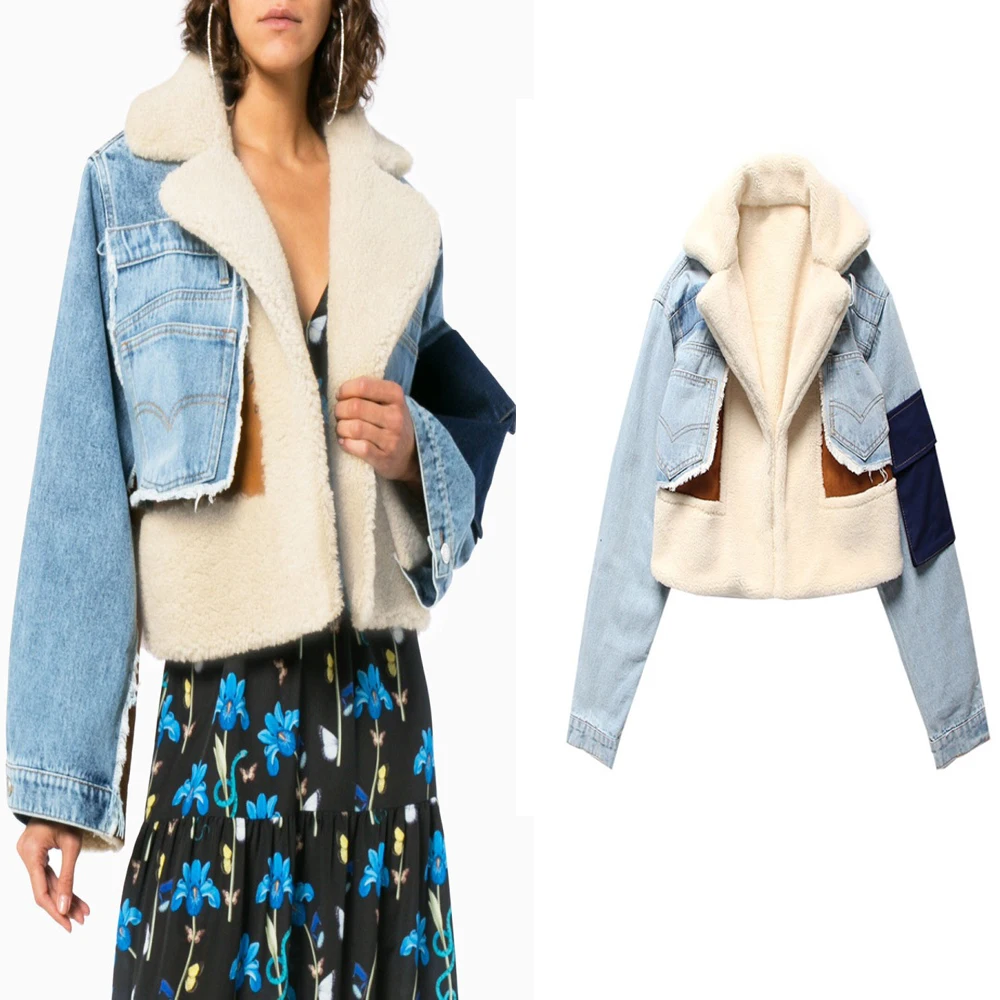 2021 Winter Warm Denim Lamb Wool Fur Short Motorcycle Jacket For Women Coat