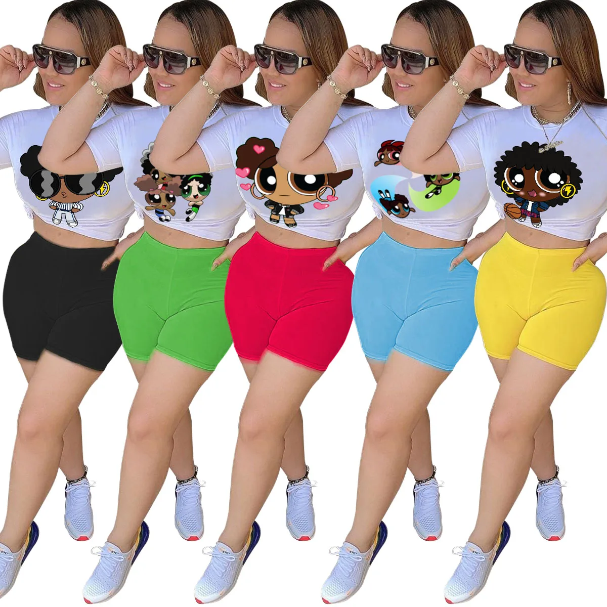 BL2006232005-Drop Shipping Women Fashion Short Sleeve Round Neck Cute Printed Casual Suit T-shirt Shorts Pants Two Piece Set
