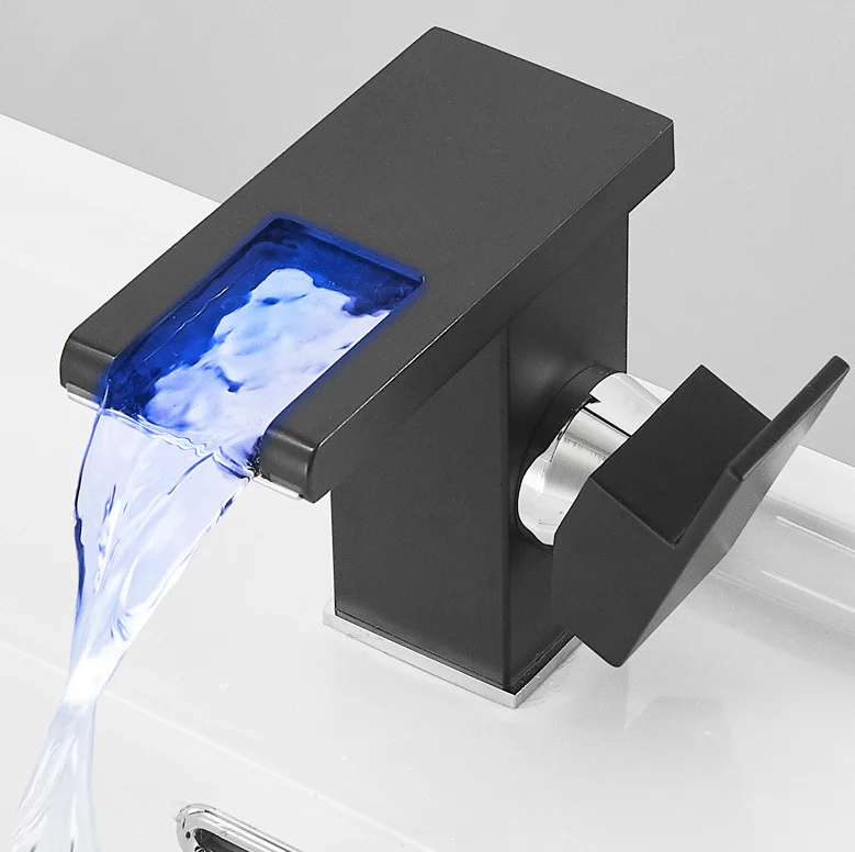 cUPC Bathroom Sink Faucets Full Copper Black Vanity Waterfall LED Light Basin Faucet Water Temperature Sensor Faucet