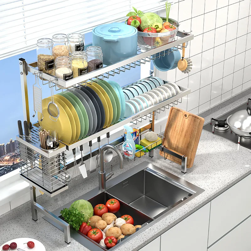 kitchen multi-function stainless steel storage holder knife block organizer bowl and dish drain storage rack