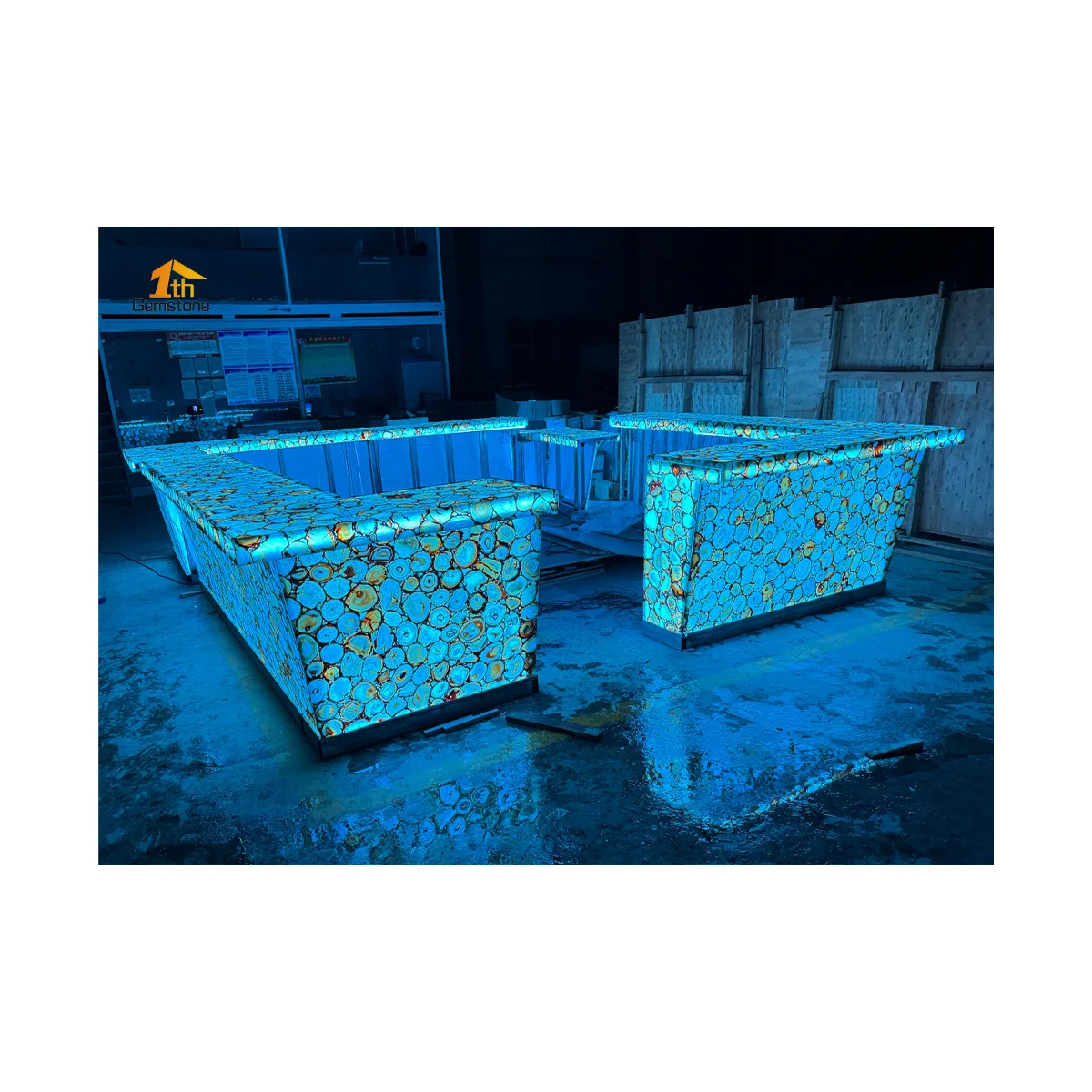 Custom Blue Backlit Onyx Agate Translucent Marble Modern Hotel Bar Counter With Led Light