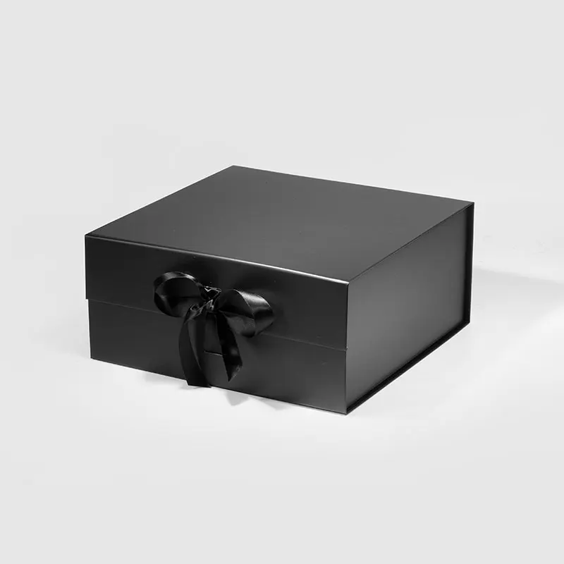 Medium square luxury black cardboard paper rigid magnetic flat gift box with ribbon