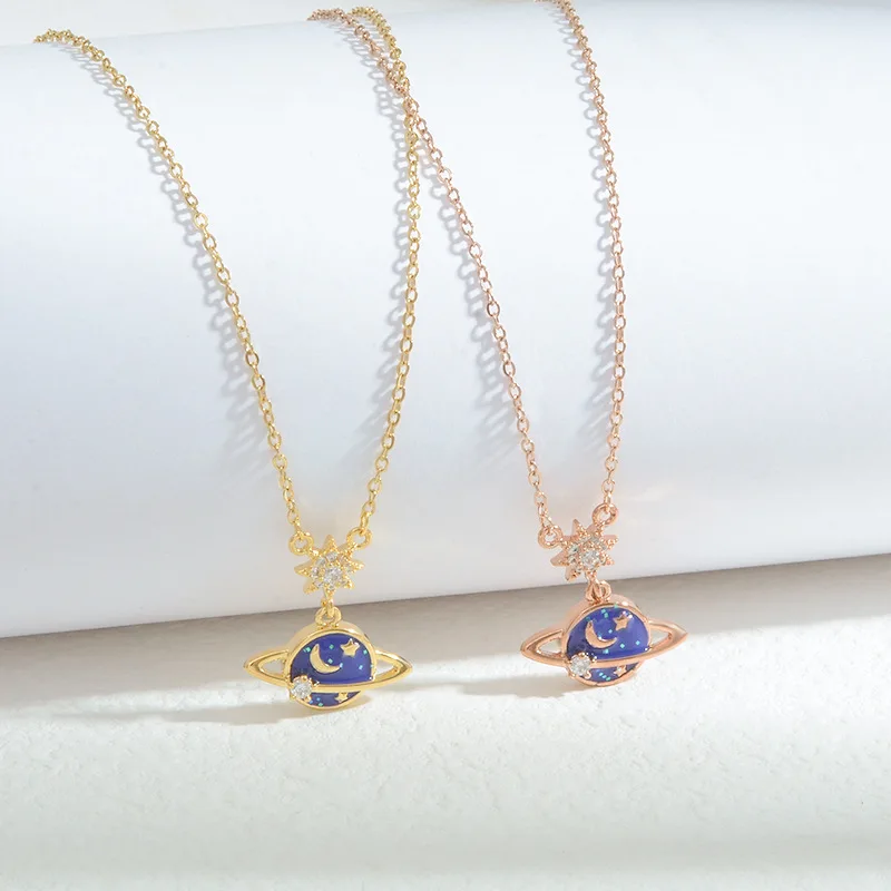 Rhinestone Planet Saturn Pendant Long Sweater Chain Necklace Female Party Jewelry Luxury For Women Girls Birthday Gift