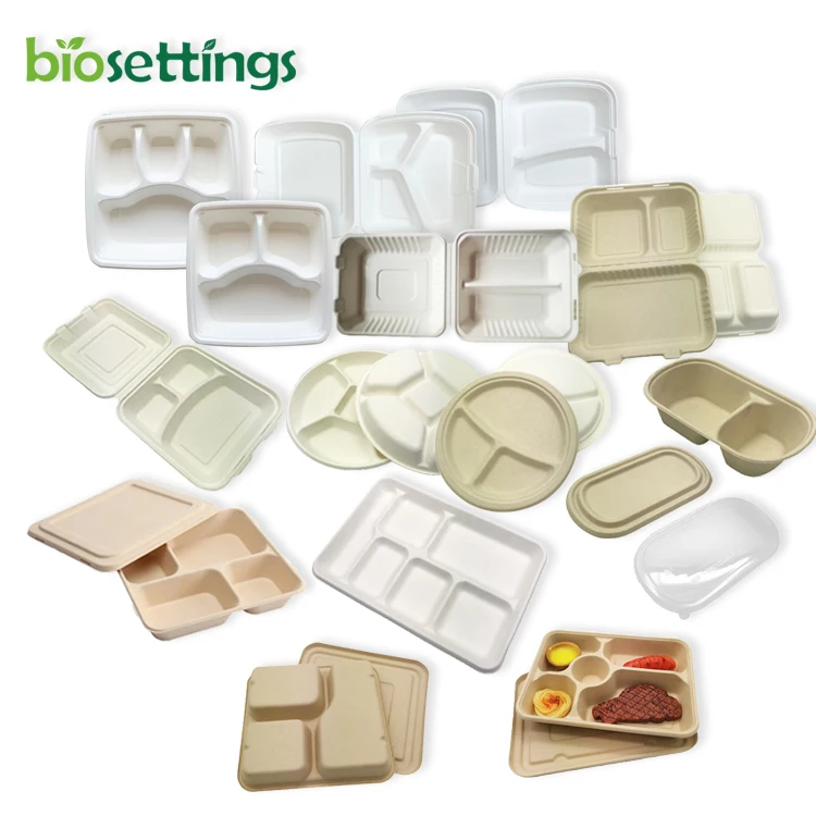 Disposable sugarcen pulp 100% biodegradable eco friendly food containers pla food grade divided plate divider snack lunch tray