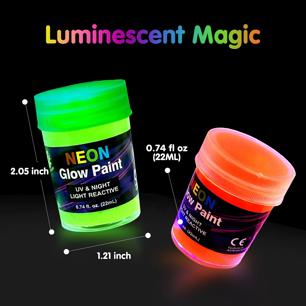Non Toxic 10 Colors Neon Fluorescent Paints in the Dark 20ml Acrylic for Canvas Walls and Ornament Painting