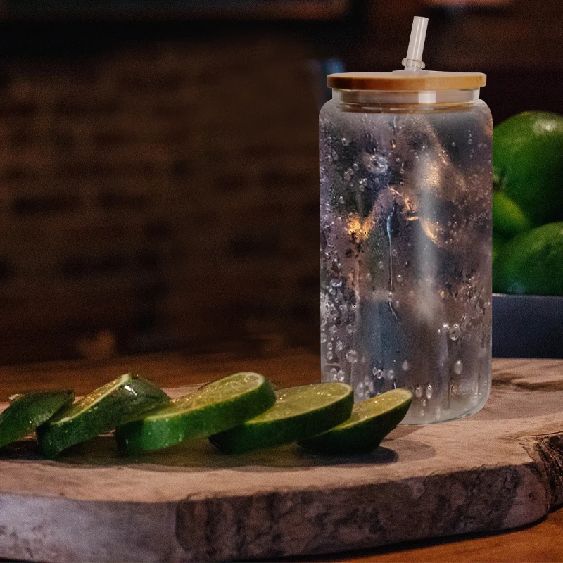 USA WAREHOUSE RTS stocked 12oz 16oz 25oz Clear Frosted Soda Pop Shaped Sublimation Beer Jar Glass Can Bottle with Straw Lid