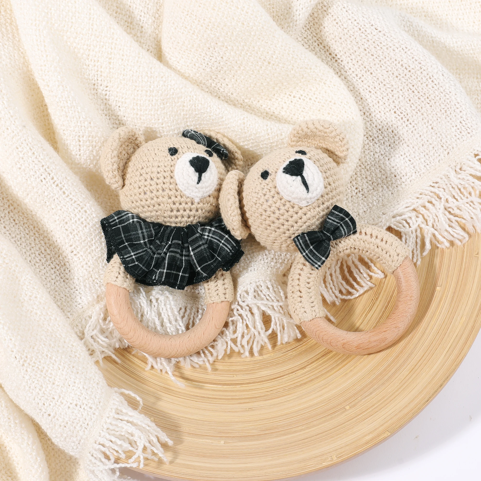 Crochet Toy Rattle for Babies Wooden Rattle Ring for Newborn Gift