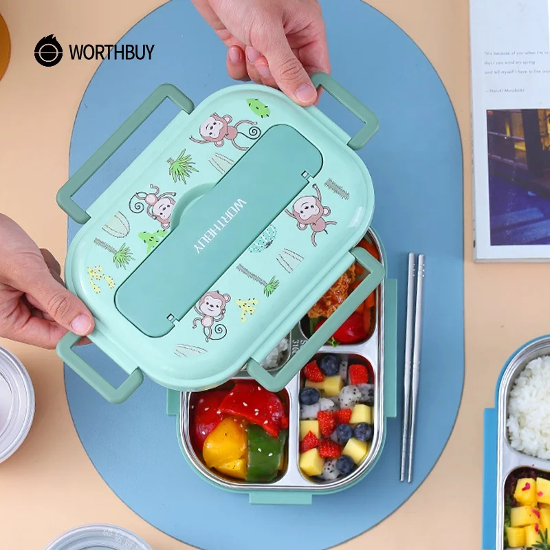 WORTHBUY Cartoon Monkey Lunch Box With Tableware Bowl 316L Stainless Steel Food Container Japanese Kids Bento Box Food Container