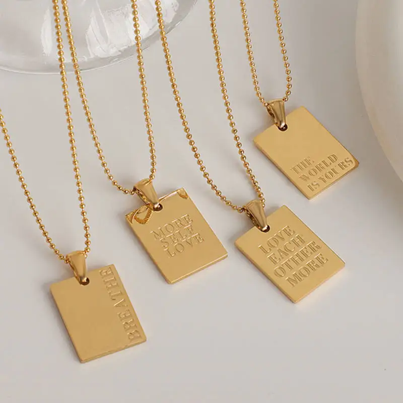 18K Gold Plated Stainless Steel Minimalist Jewelry Inspired Friendship Memorial Love Letter Rectangle Square Pendant Necklace