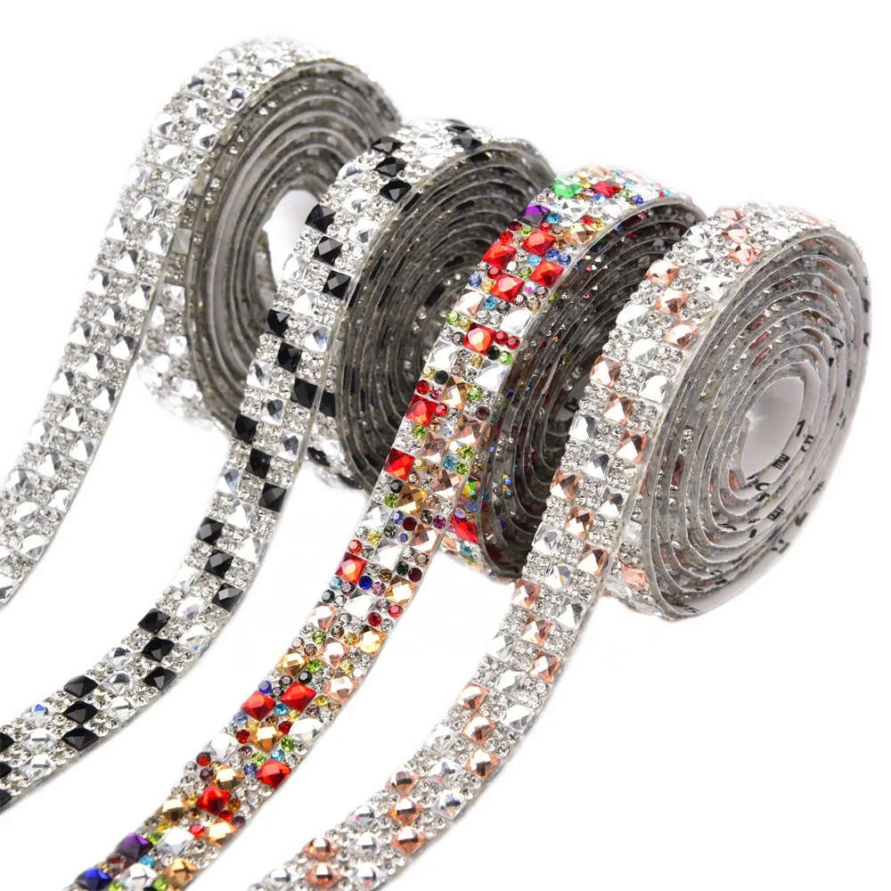 Hot Fix Square Rhinestone Trim Sticker Round Glass Crystal Ribbon Self Adhesive Glitter Applique Banding Diy Car Home Decoration