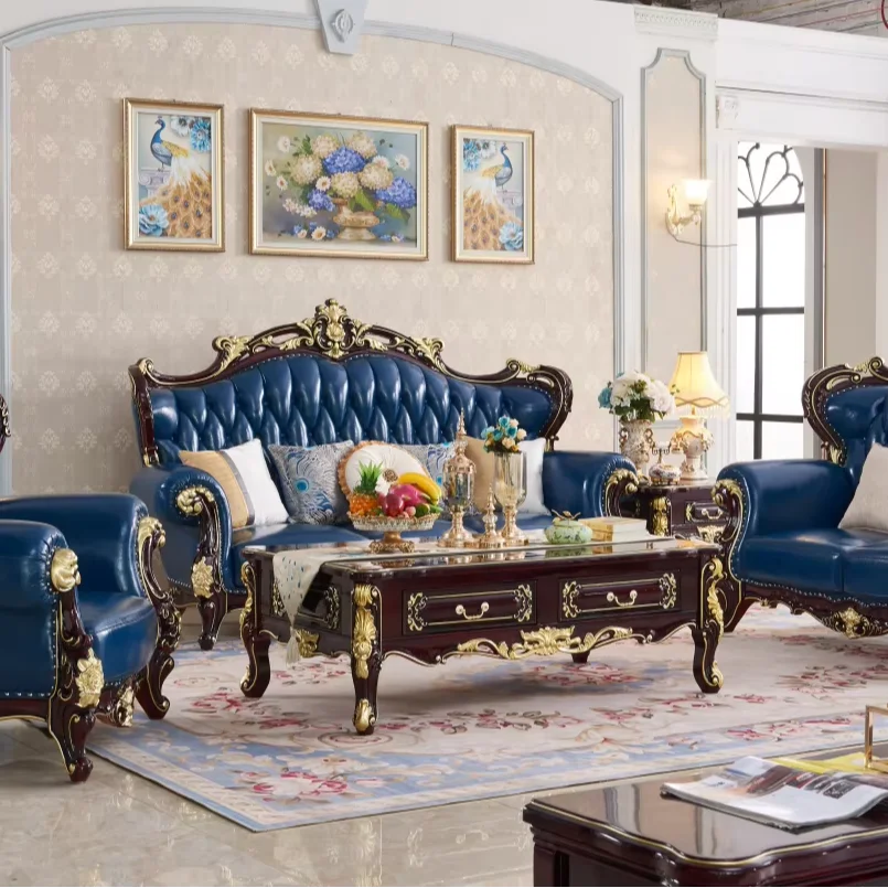 French Luxury 1 2 3-Seater Genuine Leather Couch Carved Wooden Frame Royal Style Living Room Sofa Set for Hotels and Halls