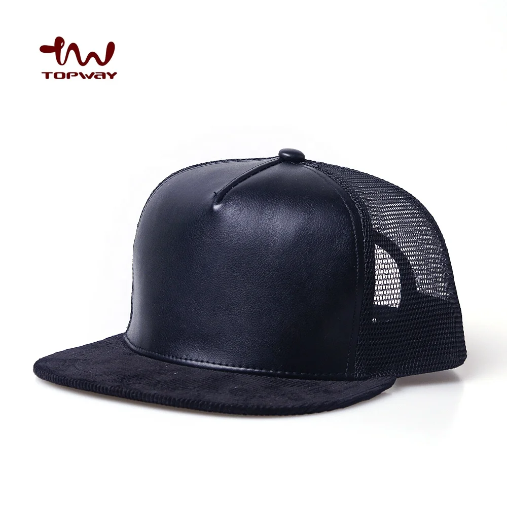 Wholesale Cheap 5 Panel Cap Custom Black Blank Pu Leather Classic Look Trucker Mesh Caps Hats