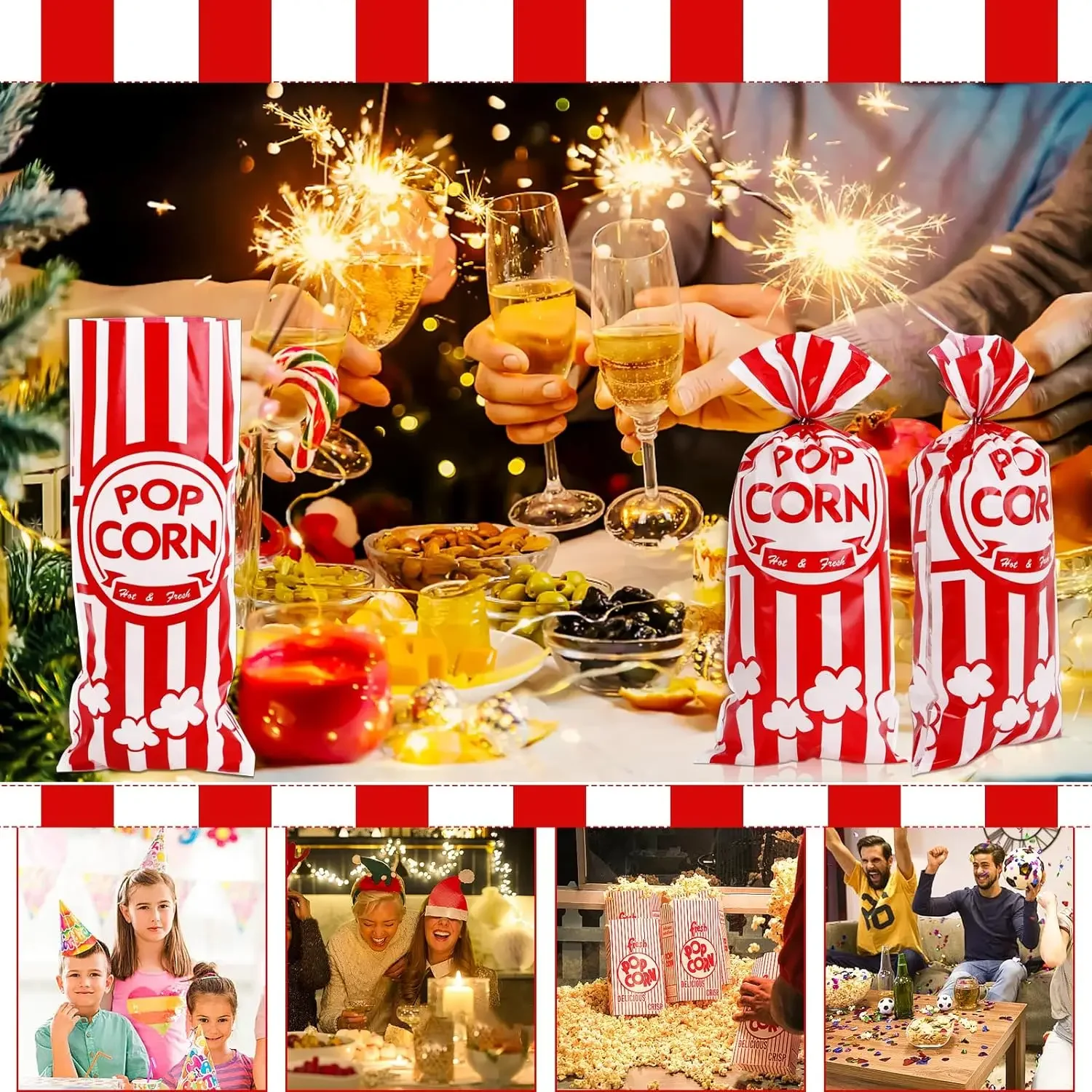 50pcs Plastic Popcorn Bags with Twist Ties Candy Bags Red White Stripe Snack Treat Goodie Bags for Movie Theater Circus Party